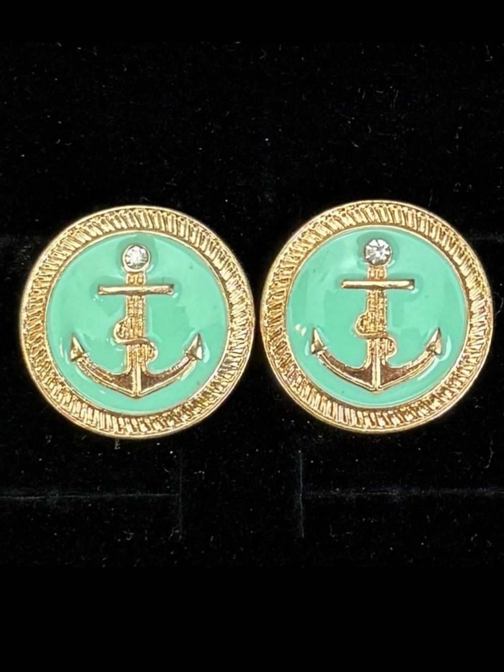 Vintage, goldtone pastel blue green nautical themed anchor pierced earrings
